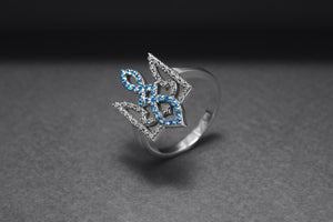 Sterling Silver Ukrainian Trident Ring with Flowers and Blue Gems, Made in Ukraine Jewelry - vikingworkshop