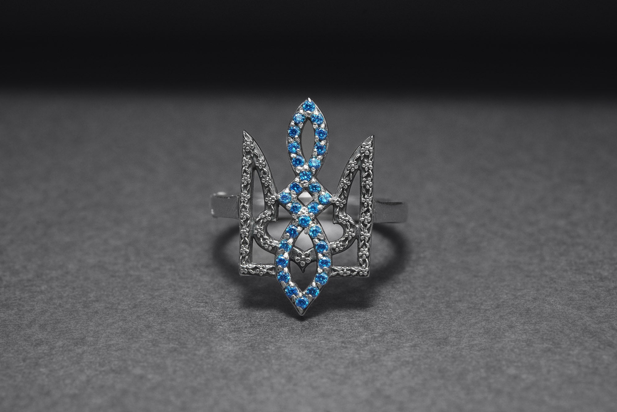 Sterling Silver Ukrainian Trident Ring with Flowers and Blue Gems, Made in Ukraine Jewelry - vikingworkshop