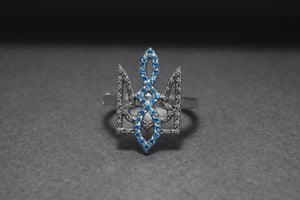 Sterling Silver Ukrainian Trident Ring with Flowers and Blue Gems, Made in Ukraine Jewelry - vikingworkshop