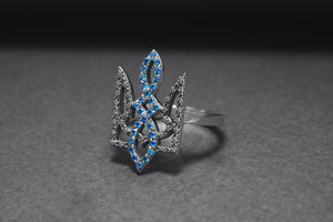 Sterling Silver Ukrainian Trident Ring with Flowers and Blue Gems, Made in Ukraine Jewelry - vikingworkshop