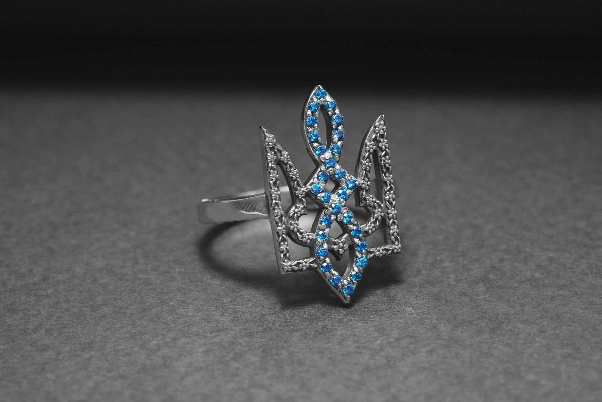 Sterling Silver Ukrainian Trident Ring with Flowers and Blue Gems, Made in Ukraine Jewelry - vikingworkshop