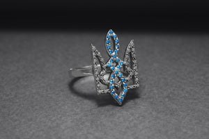 Sterling Silver Ukrainian Trident Ring with Flowers and Blue Gems, Made in Ukraine Jewelry - vikingworkshop