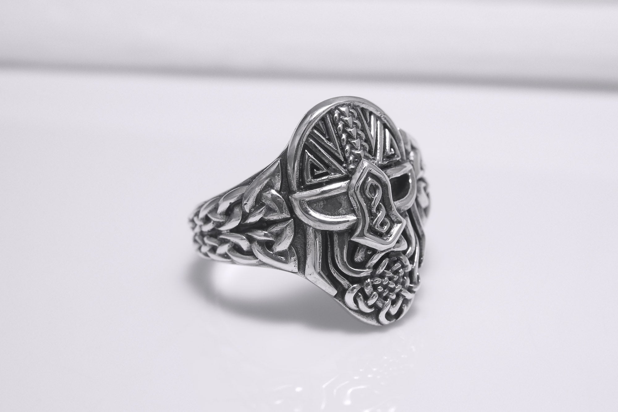 Sterling Silver Odin Mask Ring with Unique Norse Pattern, Handmade Viking Jewelry