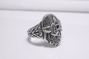 Sterling Silver Odin Mask Ring with Unique Norse Pattern, Handmade Viking Jewelry - vikingworkshop