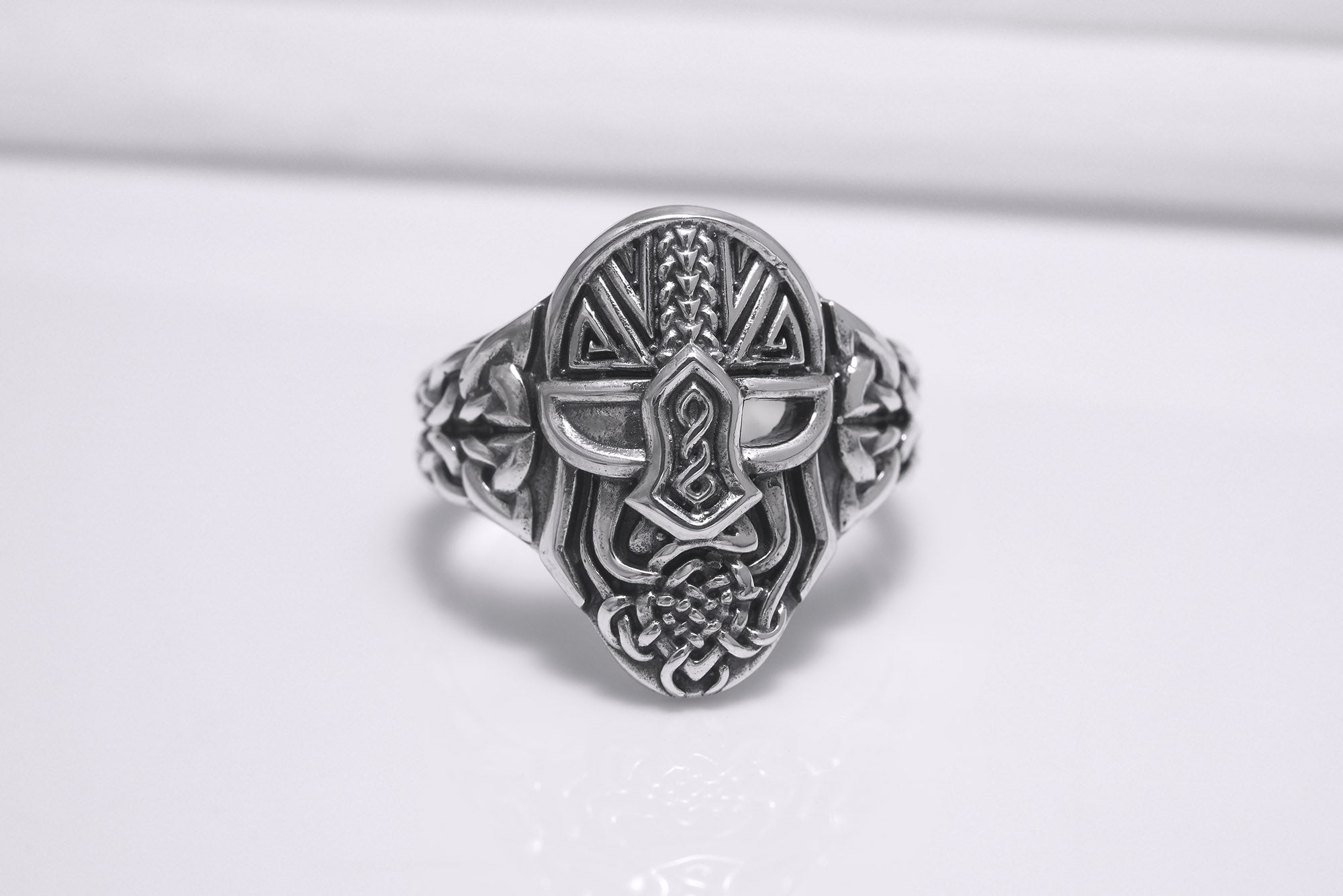 Sterling Silver Odin Mask Ring with Unique Norse Pattern, Handmade Viking Jewelry - vikingworkshop