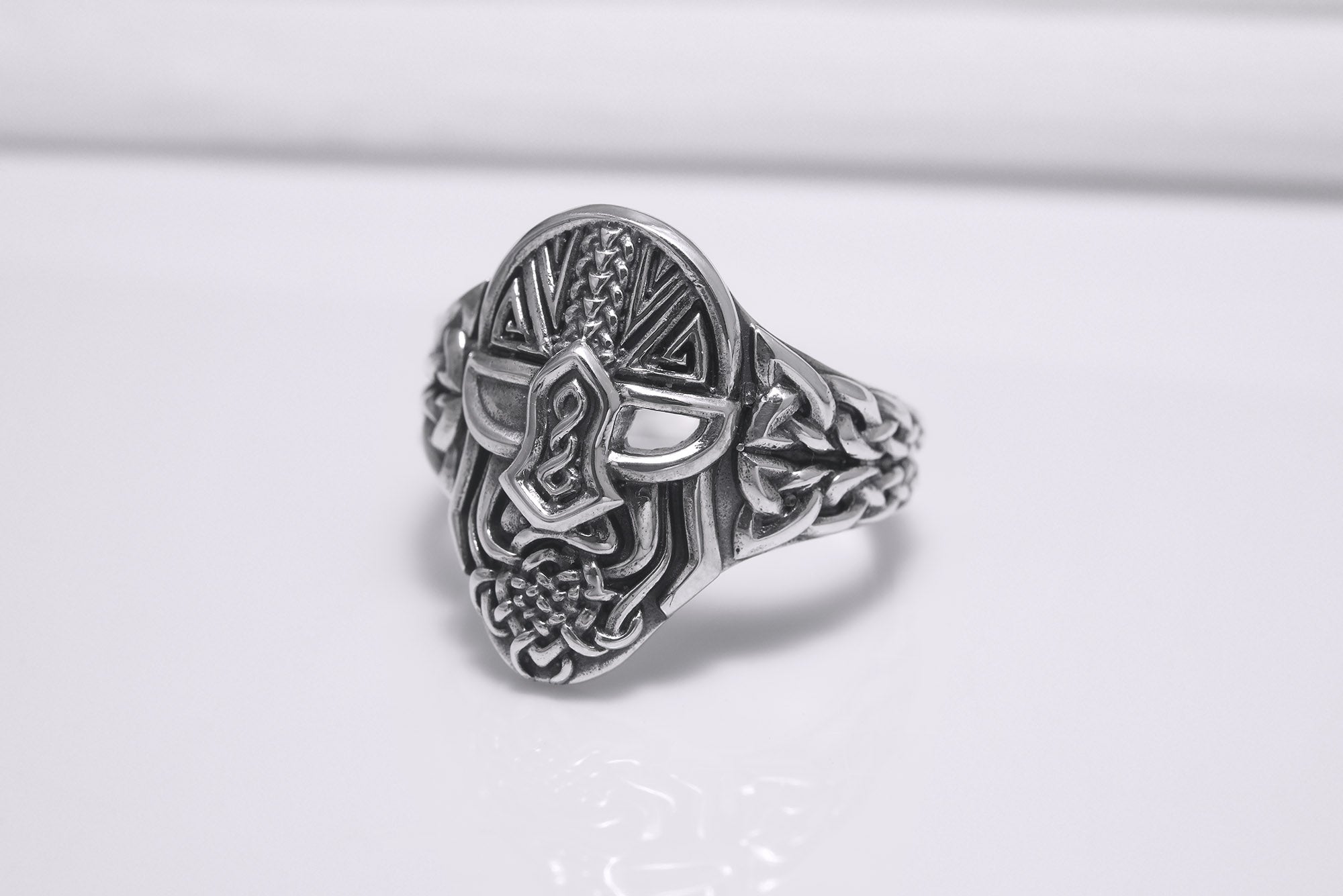 Sterling Silver Odin Mask Ring with Unique Norse Pattern, Handmade Viking Jewelry - vikingworkshop