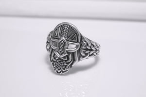 Sterling Silver Odin Mask Ring with Unique Norse Pattern, Handmade Viking Jewelry - vikingworkshop