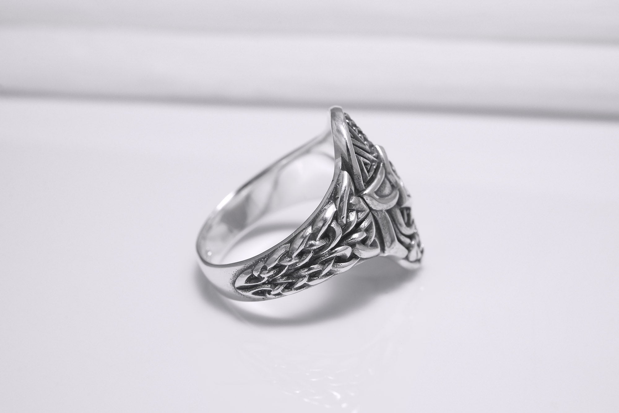 Sterling Silver Odin Mask Ring with Unique Norse Pattern, Handmade Viking Jewelry