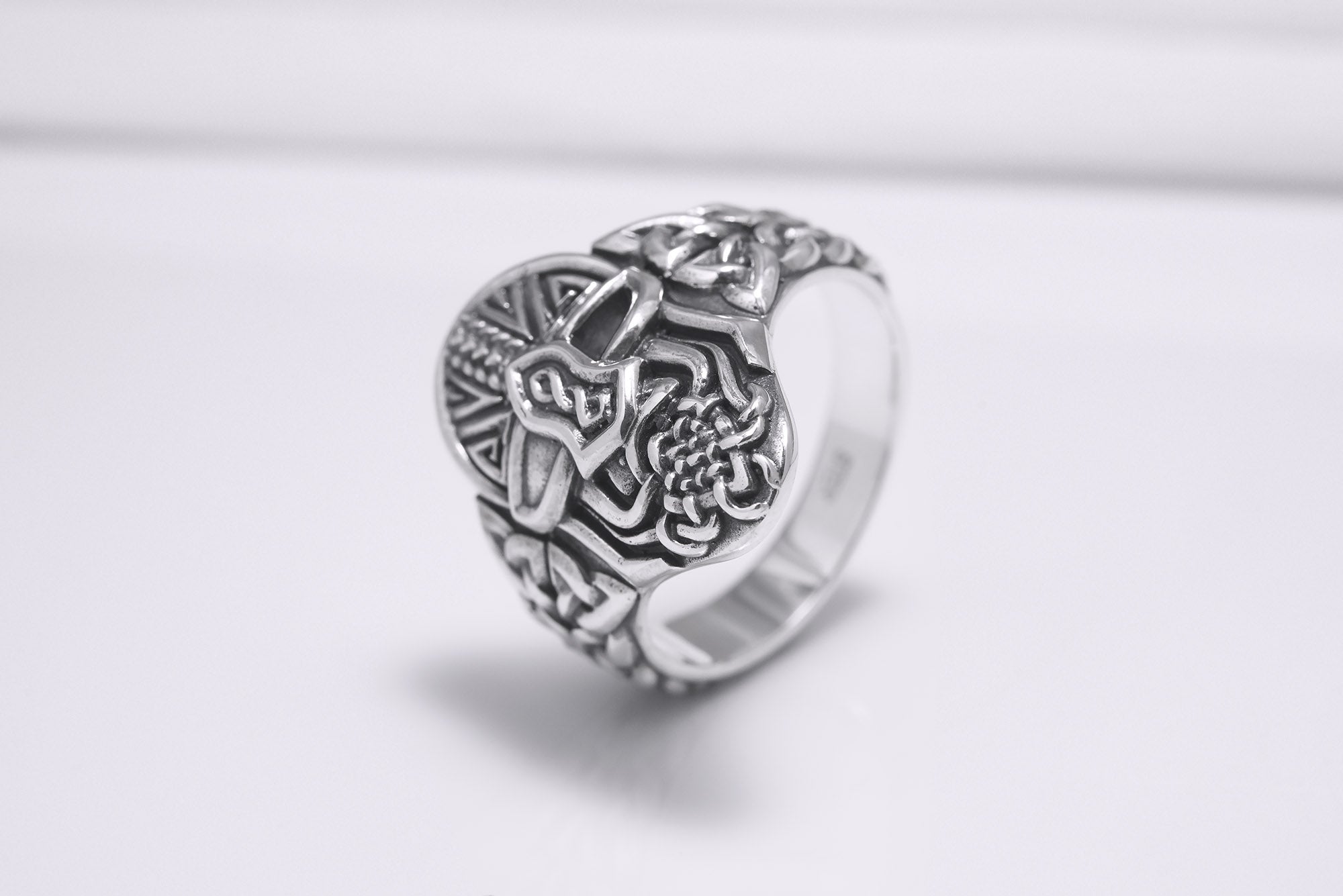 Sterling Silver Odin Mask Ring with Unique Norse Pattern, Handmade Viking Jewelry - vikingworkshop