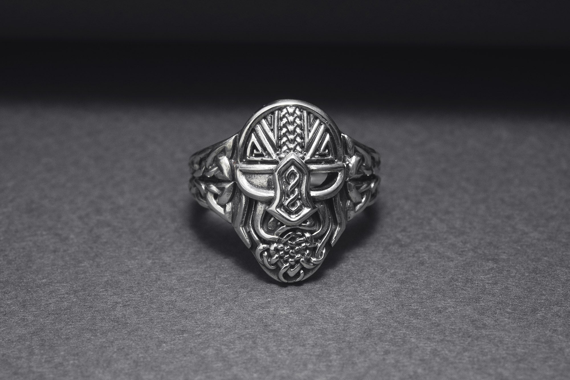 Sterling Silver Odin Mask Ring with Unique Norse Pattern, Handmade Viking Jewelry - vikingworkshop