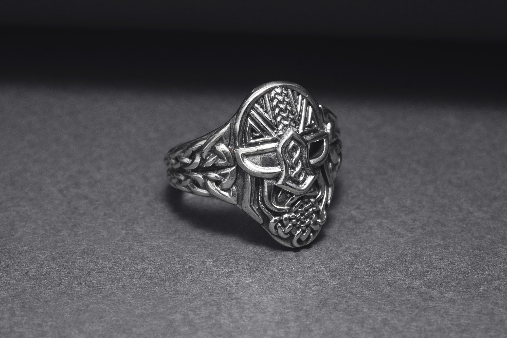 Sterling Silver Odin Mask Ring with Unique Norse Pattern, Handmade Viking Jewelry - vikingworkshop