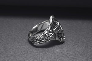 Sterling Silver Odin Mask Ring with Unique Norse Pattern, Handmade Viking Jewelry - vikingworkshop