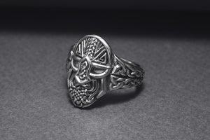 Sterling Silver Odin Mask Ring with Unique Norse Pattern, Handmade Viking Jewelry - vikingworkshop