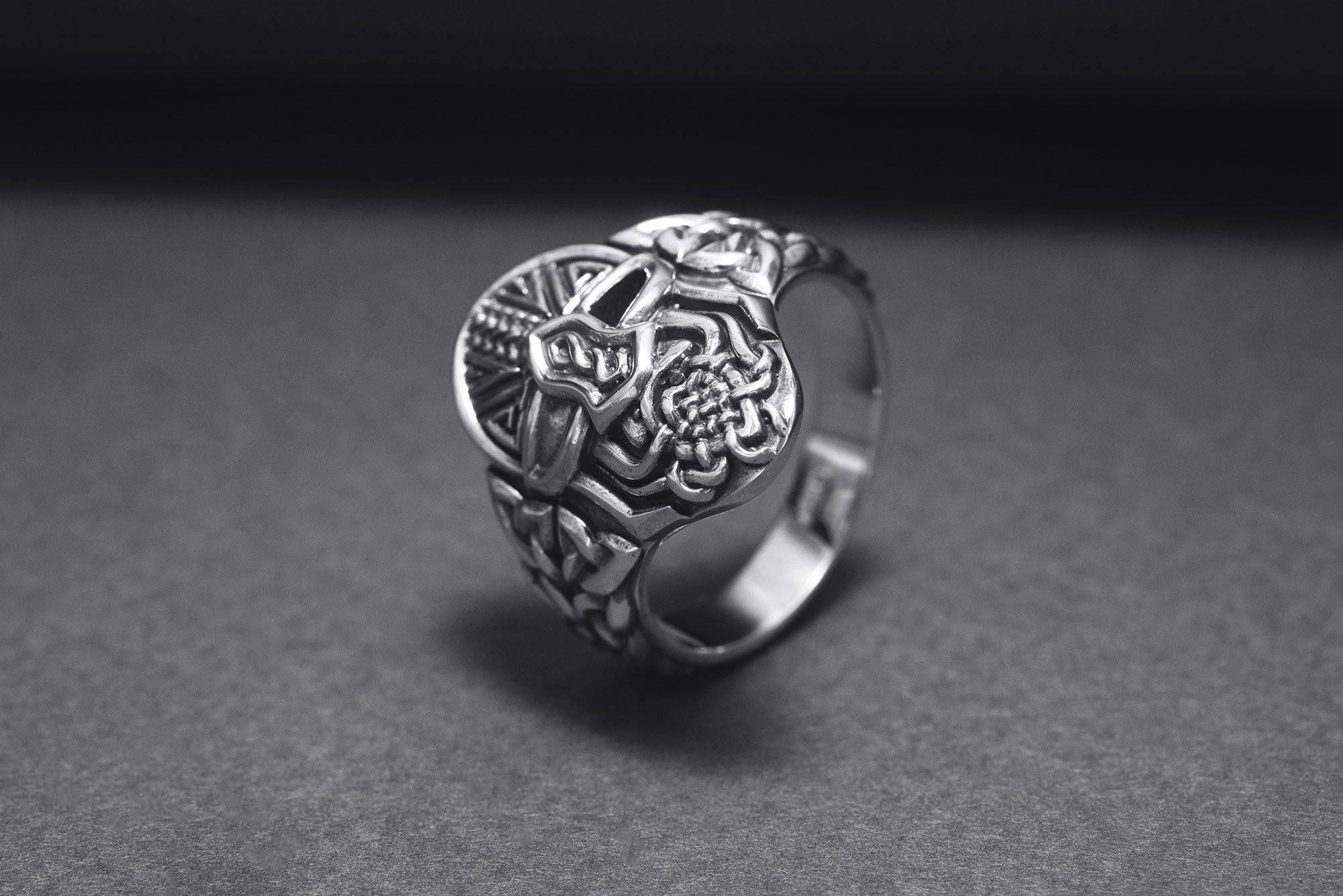 Sterling Silver Odin Mask Ring with Unique Norse Pattern, Handmade Viking Jewelry - vikingworkshop