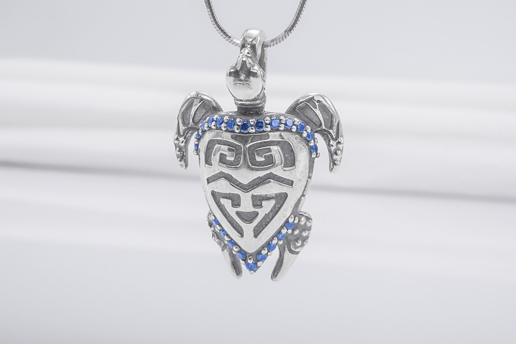 Turtle Minimalistic 925 Silver Pendant With Blue Gems, Handcrafted Jewelry - vikingworkshop