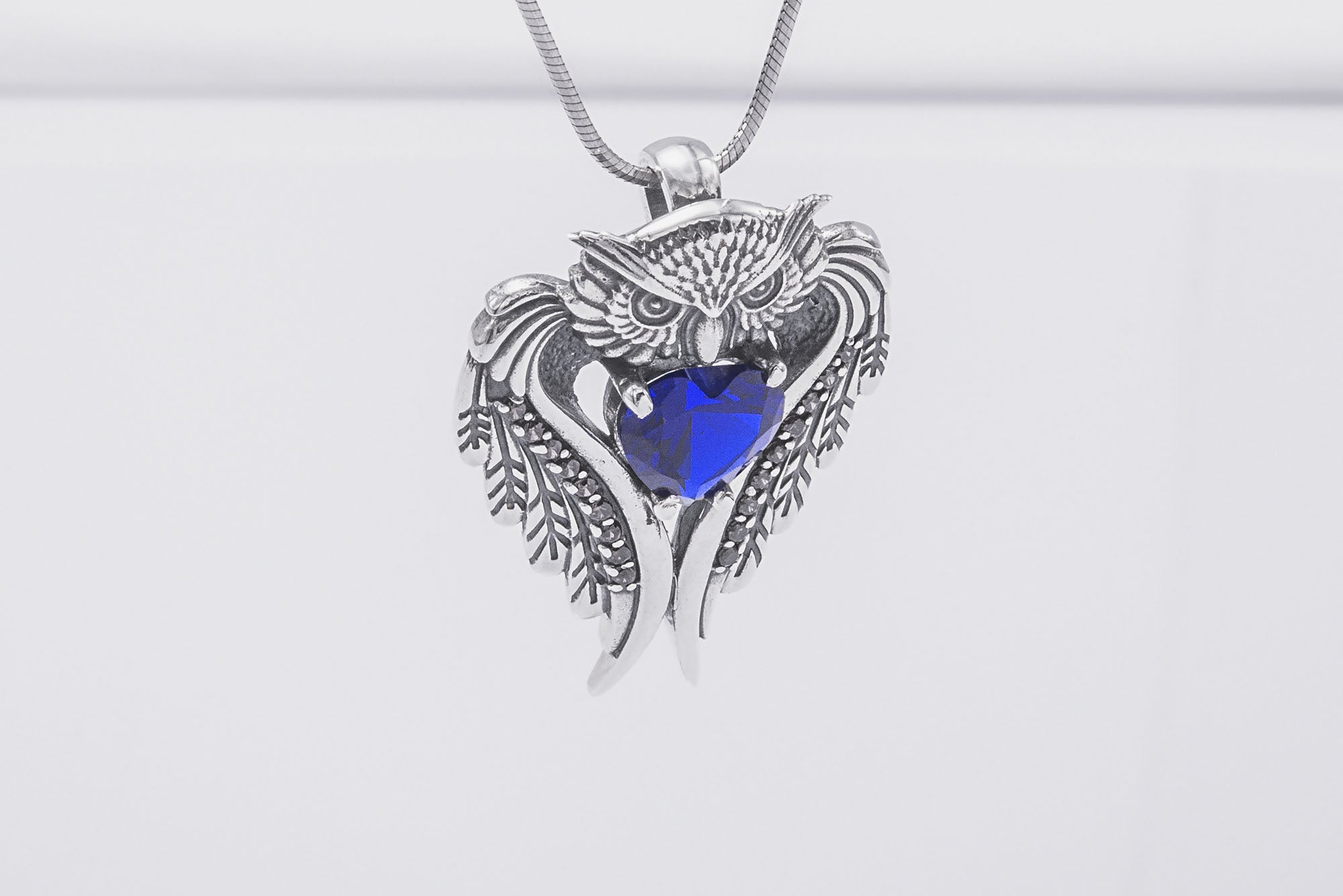Sterling Silver Owl Pendant with Blue Gem, Handmade Animal Jewelry - vikingworkshop