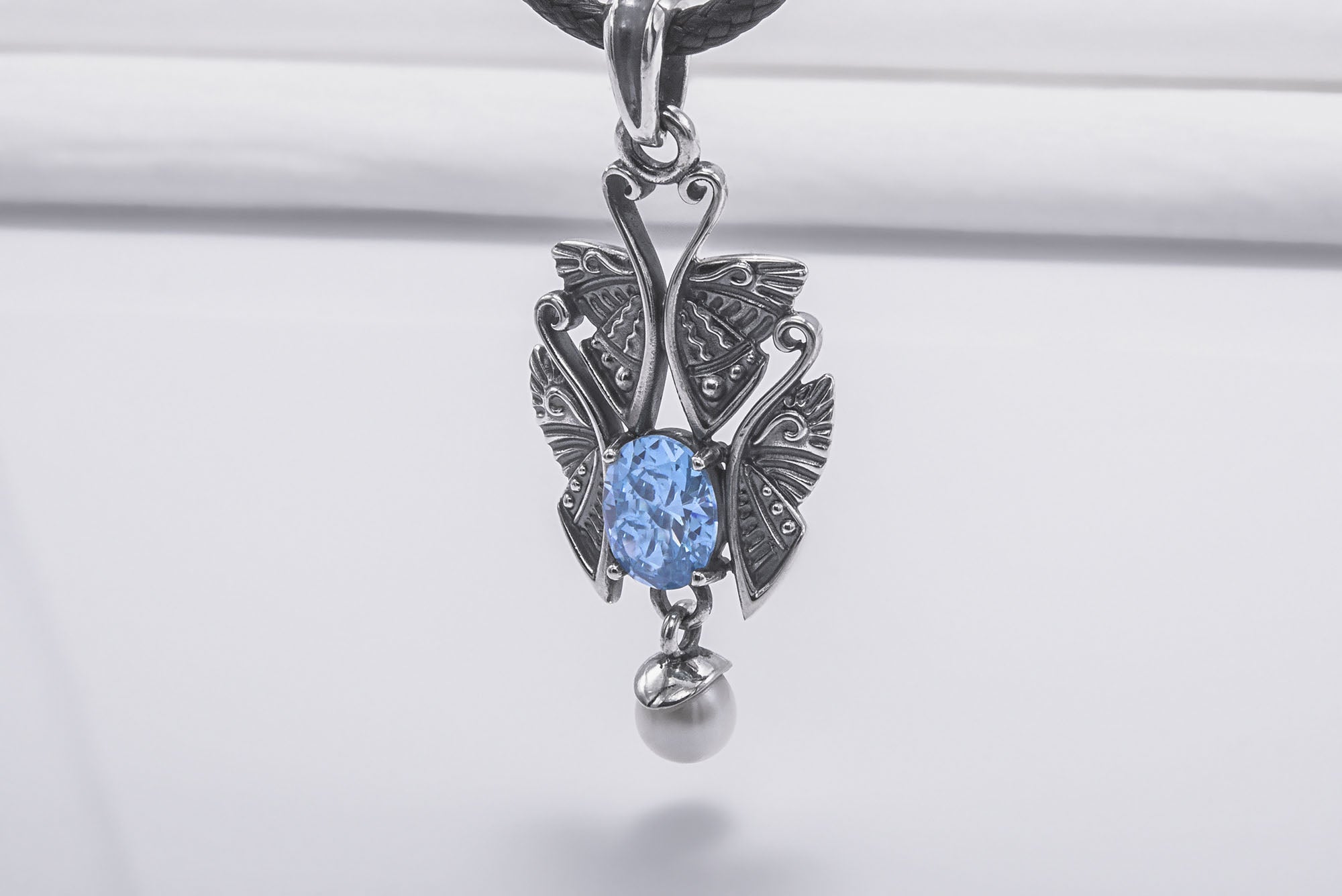 Unique Sterling Silver Pendant With Butterflies and Gem, Handcrafted Jewelry - vikingworkshop