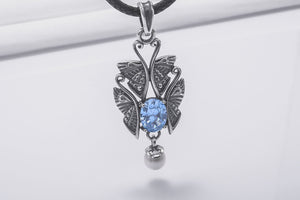 Unique Sterling Silver Pendant With Butterflies and Gem, Handcrafted Jewelry - vikingworkshop