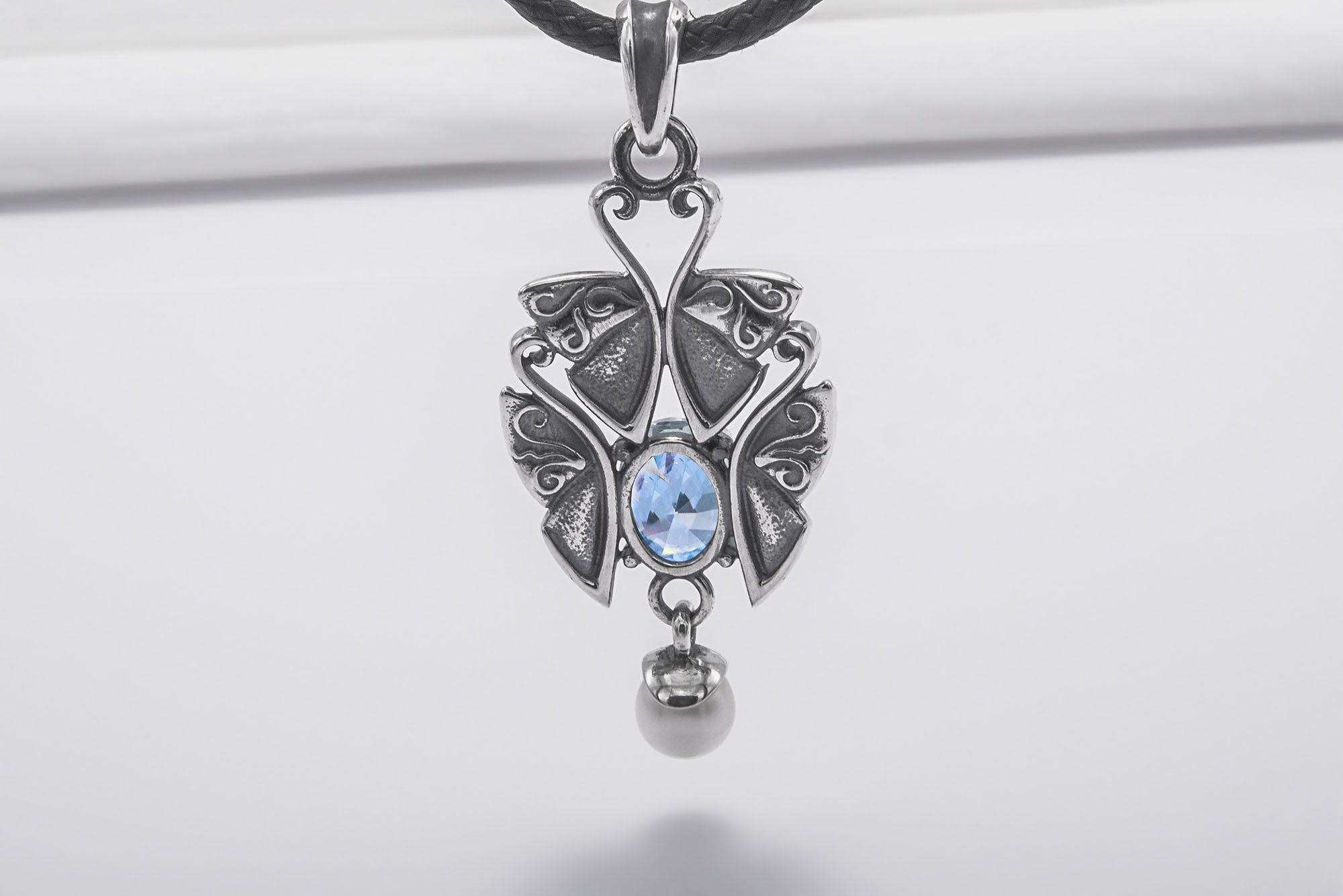 Unique Sterling Silver Pendant With Butterflies and Gem, Handcrafted Jewelry - vikingworkshop