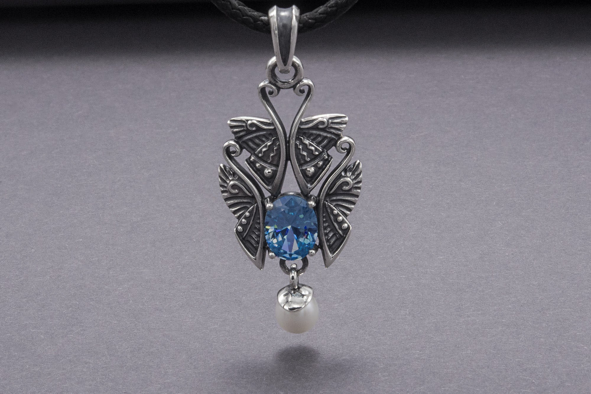 Unique Sterling Silver Pendant With Butterflies and Gem, Handcrafted Jewelry - vikingworkshop