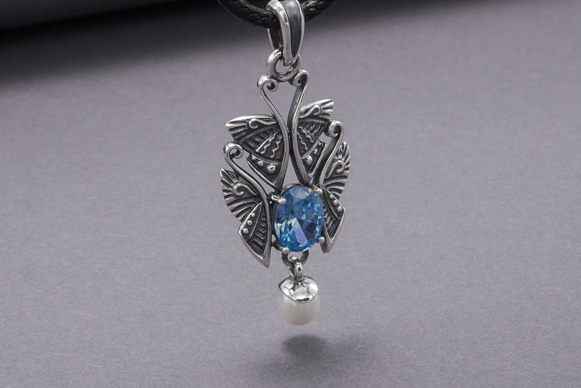 Unique Sterling Silver Pendant With Butterflies and Gem, Handcrafted Jewelry - vikingworkshop