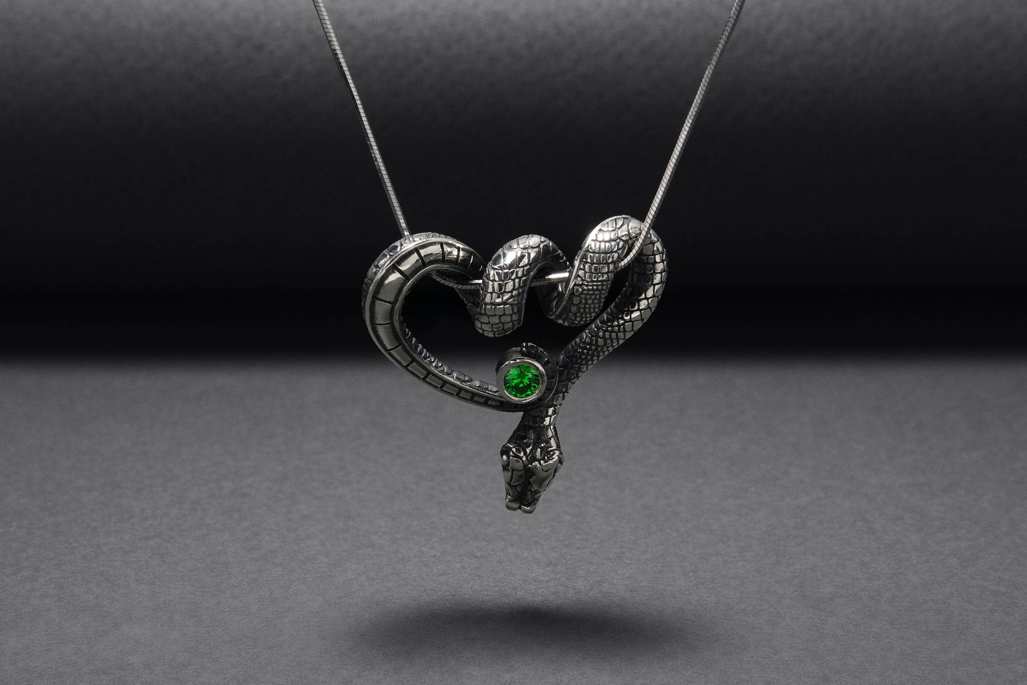 Sterling Silver Snake Pendant with Green Gem, Unique Animal Jewelry - vikingworkshop