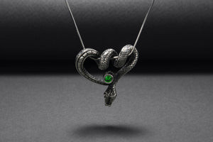 Sterling Silver Snake Pendant with Green Gem, Unique Animal Jewelry - vikingworkshop