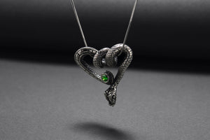 Sterling Silver Snake Pendant with Green Gem, Unique Animal Jewelry - vikingworkshop