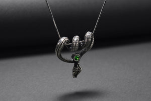 Sterling Silver Snake Pendant with Green Gem, Unique Animal Jewelry - vikingworkshop