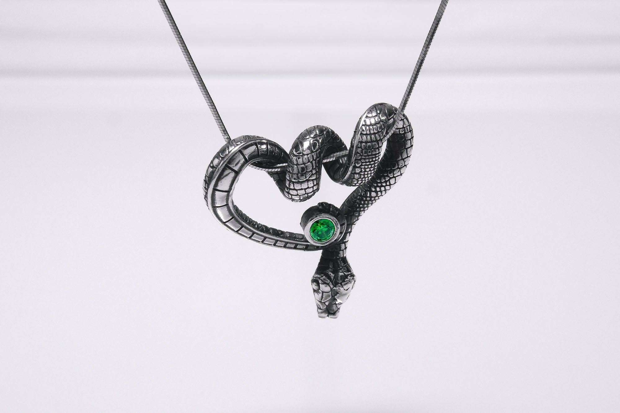 Sterling Silver Snake Pendant with Green Gem, Unique Animal Jewelry - vikingworkshop