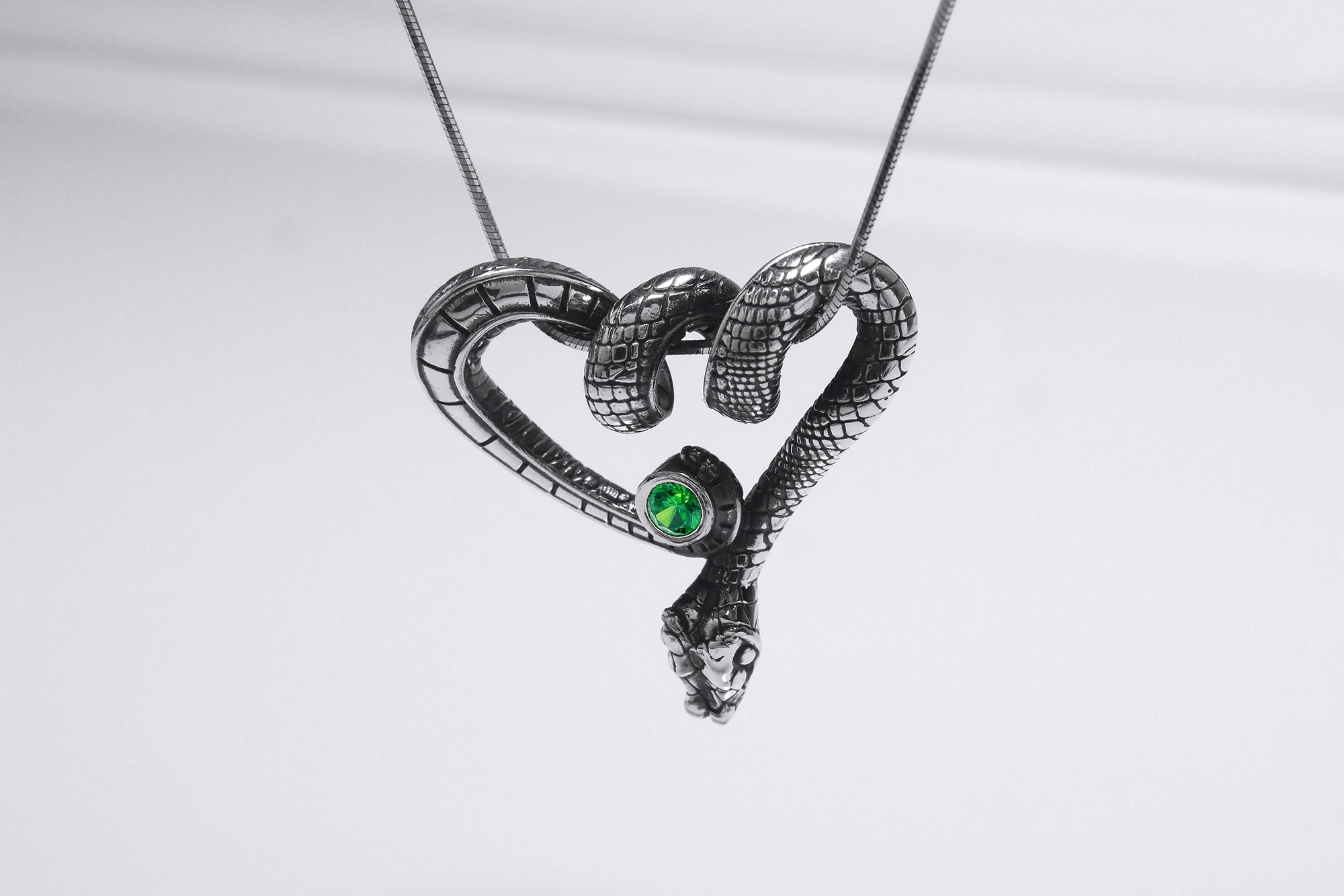 Sterling Silver Snake Pendant with Green Gem, Unique Animal Jewelry - vikingworkshop