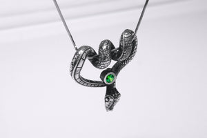 Sterling Silver Snake Pendant with Green Gem, Unique Animal Jewelry - vikingworkshop