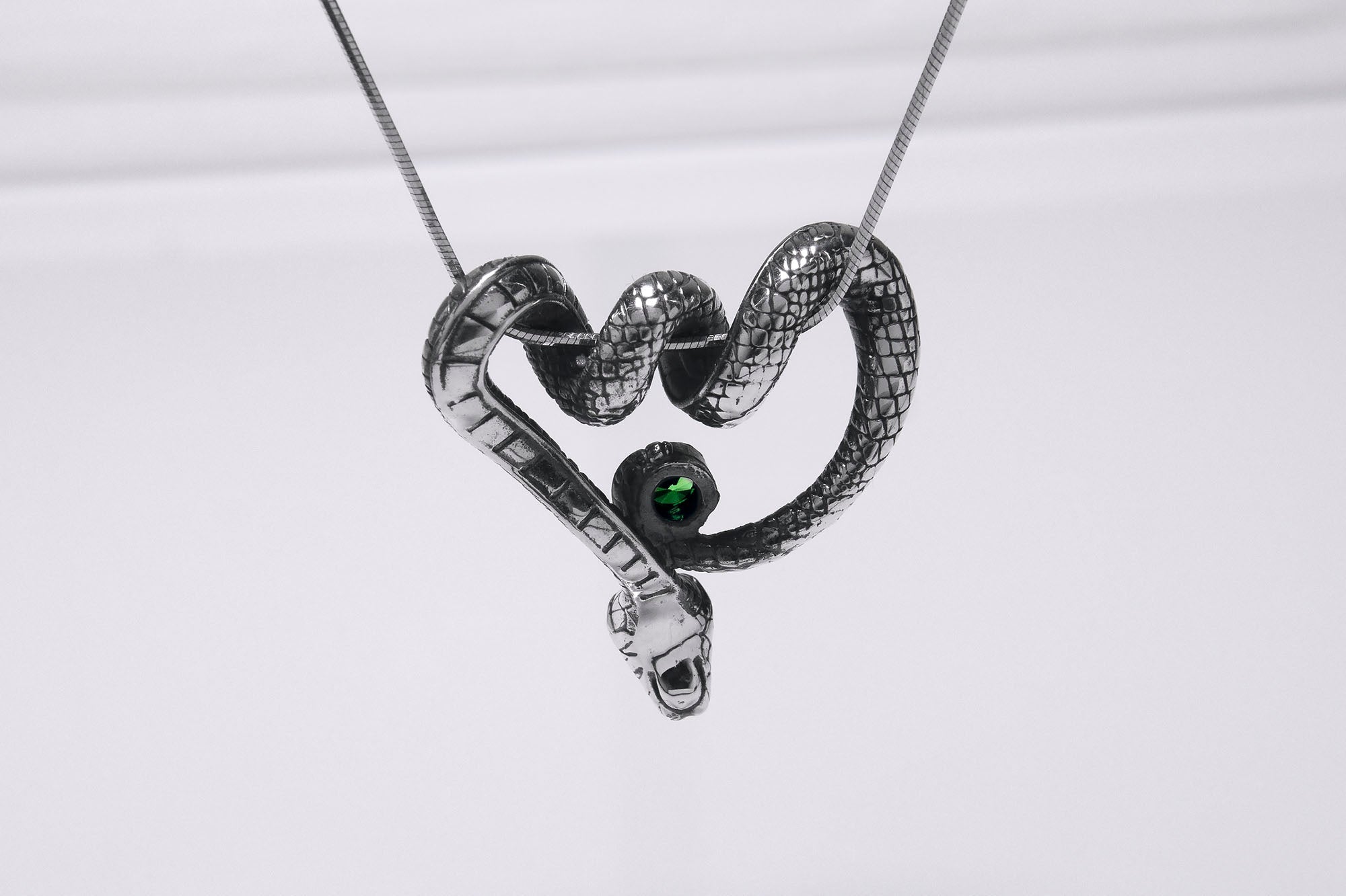 Sterling Silver Snake Pendant with Green Gem, Unique Animal Jewelry - vikingworkshop