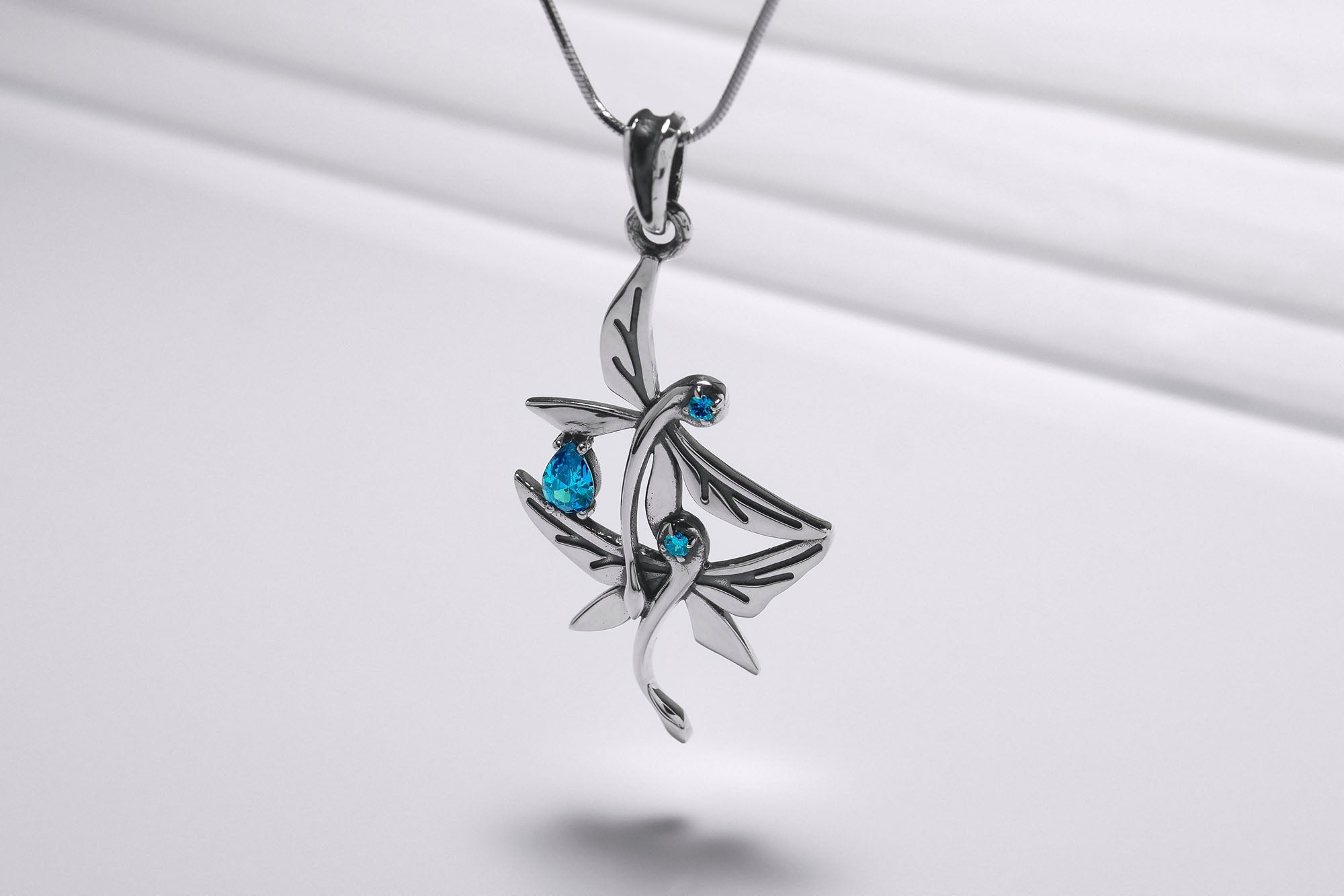 925 Silver Dragonflies Pendant with Blue Gems, Unique Fashion Jewelry - vikingworkshop