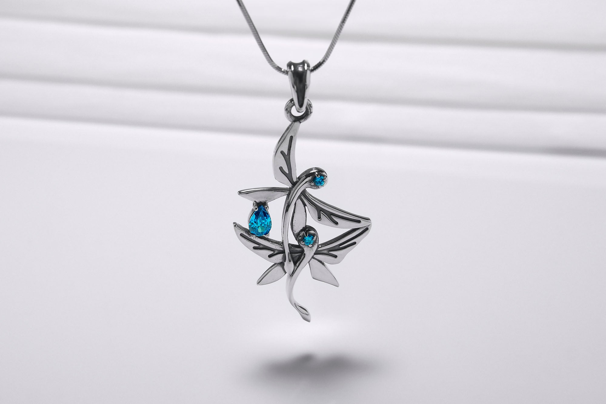 925 Silver Dragonflies Pendant with Blue Gems, Unique Fashion Jewelry - vikingworkshop